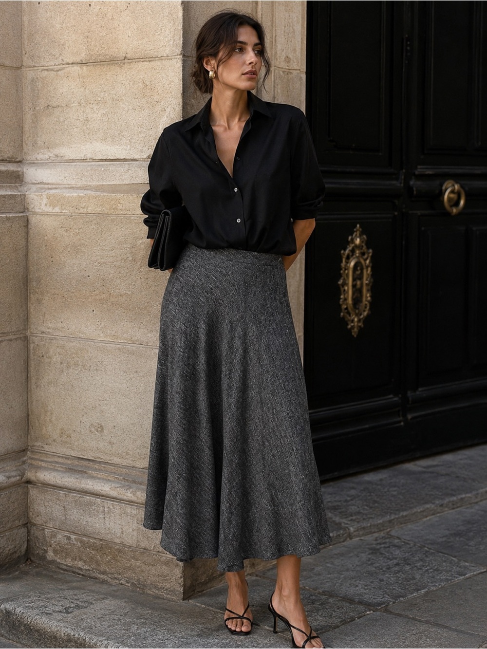MASSIMO DUTTI Women's Gray Linen Blend Midi Skirt With Flounce Women's XS